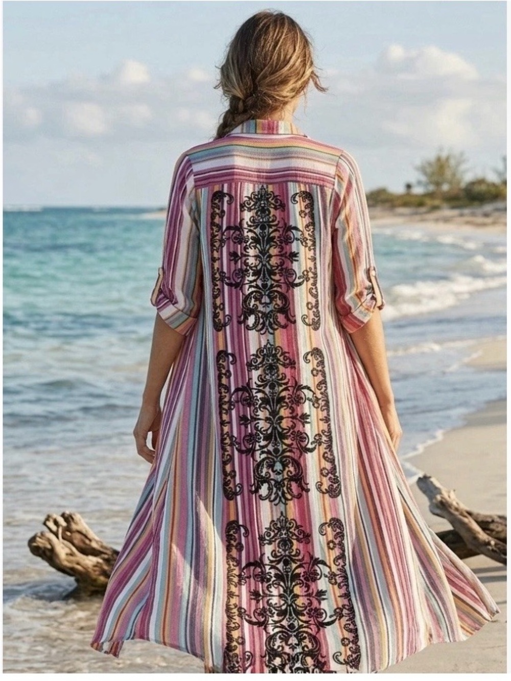 Andree Pink Multi-Stripe Maxi Dress with Black Embroidered Back